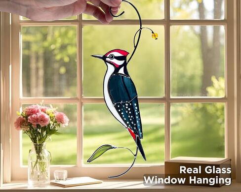 AuroAura Woodpecker Stained Glass Window Hanging for Women, Mom, Grandma - Handmade Real Glass Bird Suncatcher - Elegant Gifts Box Home Decor (H8.9xW3.2 inch) in Saudi Arabia