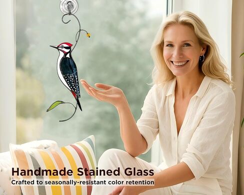 AuroAura Woodpecker Stained Glass Window Hanging for Women, Mom, Grandma - Handmade Real Glass Bird Suncatcher - Elegant Gifts Box Home Decor (H8.9xW3.2 inch) in Saudi Arabia