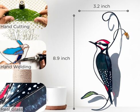 AuroAura Woodpecker Stained Glass Window Hanging for Women, Mom, Grandma - Handmade Real Glass Bird Suncatcher - Elegant Gifts Box Home Decor (H8.9xW3.2 inch) in Saudi Arabia