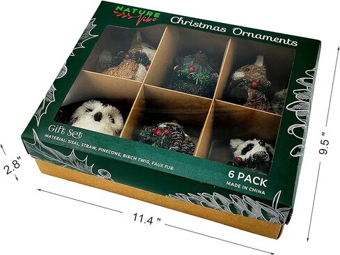 Naturevibe السيزال الغابات الحيوانات الحلي شجرة عيد الميلاد، مجموعة من 6 أصدقاء الغابات الطبيعية مع صناديق الهدايا للهدايا، والحيوانات الحلي كديكورات منزلية ريفية in Kuwait