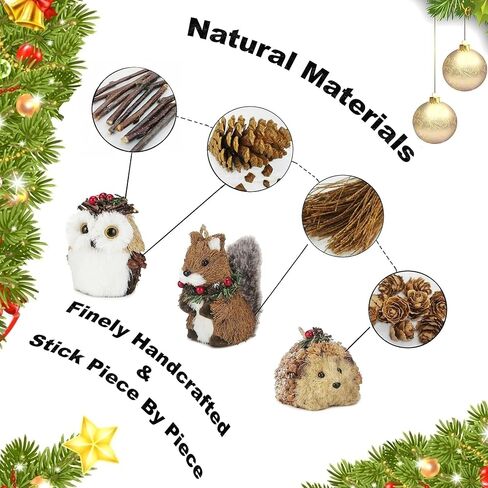 Naturevibe السيزال الغابات الحيوانات الحلي شجرة عيد الميلاد، مجموعة من 6 أصدقاء الغابات الطبيعية مع صناديق الهدايا للهدايا، والحيوانات الحلي كديكورات منزلية ريفية in Kuwait