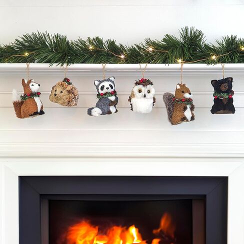 Naturevibe السيزال الغابات الحيوانات الحلي شجرة عيد الميلاد، مجموعة من 6 أصدقاء الغابات الطبيعية مع صناديق الهدايا للهدايا، والحيوانات الحلي كديكورات منزلية ريفية in Kuwait