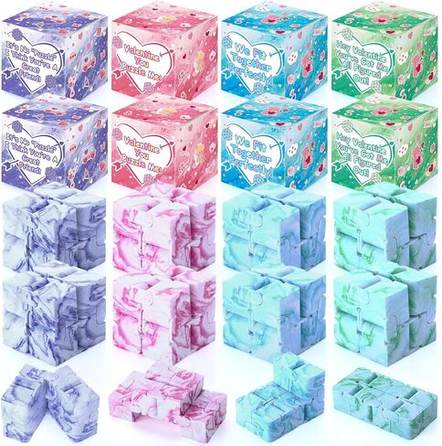 28 Set Valentines Day Gifts Bulk,Anxiety Relief Cubes with Valentines Gift Boxes Hand Held Magic Sensory Stress Cube Valentines Party Favors for Exchange Gifts Prizes Award in Kuwait