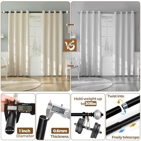 قضيب ستارة Iron Home™ بأطراف رخامية بيضاء - طويل جدًا 140–195 بوصة، قضيب أسود قابل للتعديل للخدمة الشاقة مقاس 1 بوصة in Kuwait