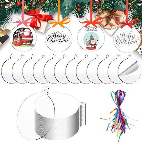 50 Pieces Christmas Hanging Ornaments Set 3''Christmas Ornament Acrylic Blank with 50Pcs 25 Color Ribbons for Christmas Tree DIY Decor in Saudi Arabia