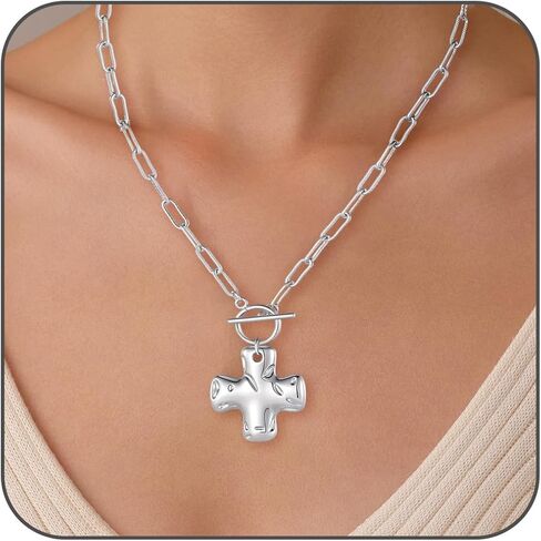 Joxevyia Gold Cross Necklace for Women Hammered Cross Pendant Toggle Clasp Paperclip Chain Statement Choker Bold Faith Jewelry Gift in Saudi Arabia