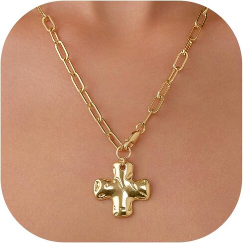 Joxevyia Gold Cross Necklace for Women Hammered Cross Pendant Toggle Clasp Paperclip Chain Statement Choker Bold Faith Jewelry Gift in Saudi Arabia