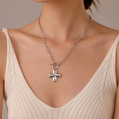 Joxevyia Gold Cross Necklace for Women Hammered Cross Pendant Toggle Clasp Paperclip Chain Statement Choker Bold Faith Jewelry Gift in Saudi Arabia