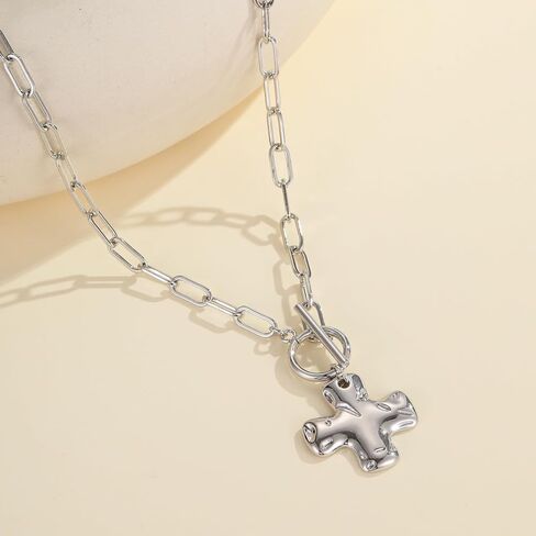 Joxevyia Gold Cross Necklace for Women Hammered Cross Pendant Toggle Clasp Paperclip Chain Statement Choker Bold Faith Jewelry Gift in Saudi Arabia