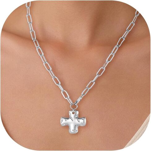 Joxevyia Gold Cross Necklace for Women Hammered Cross Pendant Toggle Clasp Paperclip Chain Statement Choker Bold Faith Jewelry Gift in Saudi Arabia
