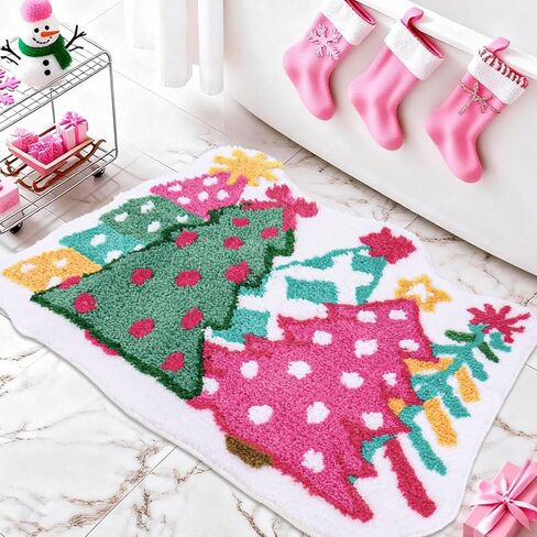 Whaline Christmas Rug Pink Green Christmas Tree Bath Mat Non Slip Doormat Xmas Winter Front Mat for Holiday Home Bathroom Decoration in Saudi Arabia