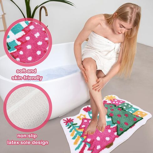 Whaline Christmas Rug Pink Green Christmas Tree Bath Mat Non Slip Doormat Xmas Winter Front Mat for Holiday Home Bathroom Decoration in Saudi Arabia