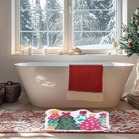 Whaline Christmas Rug Pink Green Christmas Tree Bath Mat Non Slip Doormat Xmas Winter Front Mat for Holiday Home Bathroom Decoration in Saudi Arabia