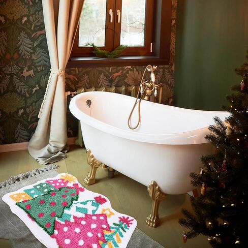 Whaline Christmas Rug Pink Green Christmas Tree Bath Mat Non Slip Doormat Xmas Winter Front Mat for Holiday Home Bathroom Decoration in Saudi Arabia