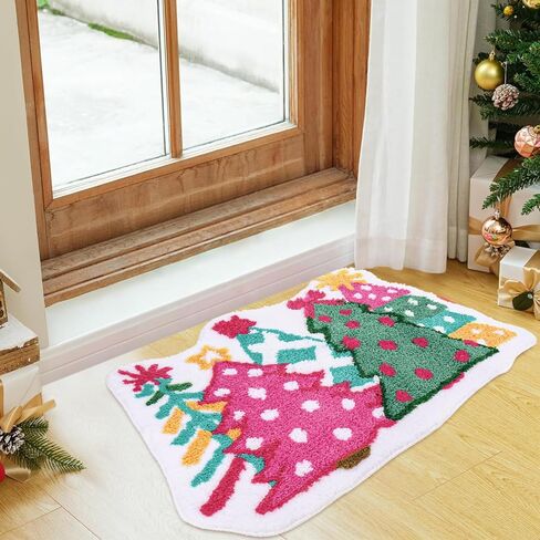 Whaline Christmas Rug Pink Green Christmas Tree Bath Mat Non Slip Doormat Xmas Winter Front Mat for Holiday Home Bathroom Decoration in Saudi Arabia