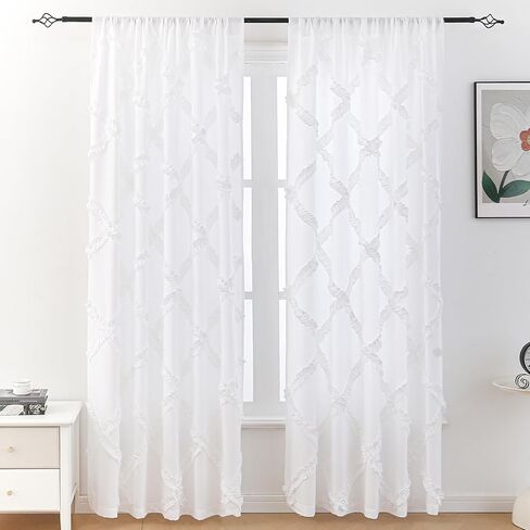 GARSTYLE White Ruffle Diamond Fabric Curtain for Windows with Rod Pocket, 51 x 84 Inch, 2 Panels in Saudi Arabia
