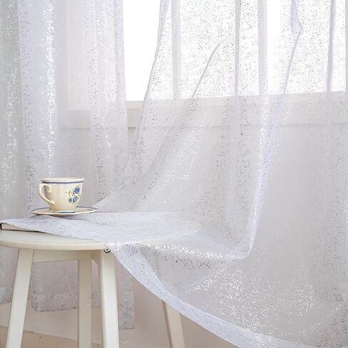 Aesphrates Foil White Sheer Curtains for Living Room 84 Inches Long 2 Panels Set, Modern Silver Printing Shiny Privacy Window Curtains, Light Filtering Sheer White Curtains for Bedroom, 42x84Dt in Saudi Arabia