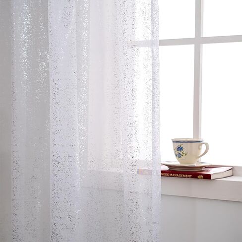 Aesphrates Foil White Sheer Curtains for Living Room 84 Inches Long 2 Panels Set, Modern Silver Printing Shiny Privacy Window Curtains, Light Filtering Sheer White Curtains for Bedroom, 42x84Dt in Saudi Arabia