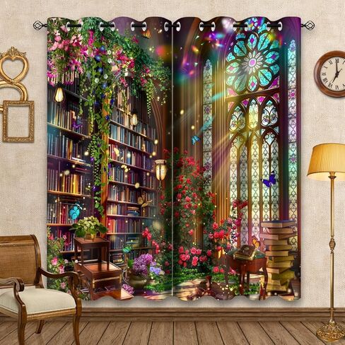 HIYSMT Fantasy Library Blackout Curtains,Stained Glass Medieval Curtain,4284inch Fairy Tale Magic Book Bookshelf Butterfly Print Drapes for Bedroom Living Room 2Panel HI09YL in Saudi Arabia