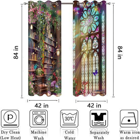 HIYSMT Fantasy Library Blackout Curtains,Stained Glass Medieval Curtain,4284inch Fairy Tale Magic Book Bookshelf Butterfly Print Drapes for Bedroom Living Room 2Panel HI09YL in Saudi Arabia
