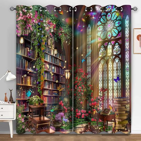 HIYSMT Fantasy Library Blackout Curtains,Stained Glass Medieval Curtain,4284inch Fairy Tale Magic Book Bookshelf Butterfly Print Drapes for Bedroom Living Room 2Panel HI09YL in Saudi Arabia