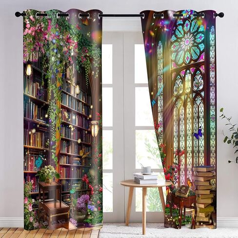 HIYSMT Fantasy Library Blackout Curtains,Stained Glass Medieval Curtain,4284inch Fairy Tale Magic Book Bookshelf Butterfly Print Drapes for Bedroom Living Room 2Panel HI09YL in Saudi Arabia
