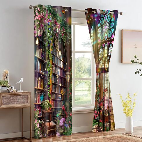 HIYSMT Fantasy Library Blackout Curtains,Stained Glass Medieval Curtain,4284inch Fairy Tale Magic Book Bookshelf Butterfly Print Drapes for Bedroom Living Room 2Panel HI09YL in Saudi Arabia