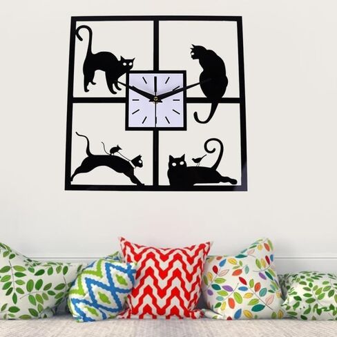 Amosfun Square Kitten Wall Clock Silent Analog Cat Clock with Night Light Battery Operated Cute Animal Wall Decor for Bedroom Study Room in Saudi Arabia