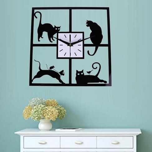 Amosfun Square Kitten Wall Clock Silent Analog Cat Clock with Night Light Battery Operated Cute Animal Wall Decor for Bedroom Study Room in Saudi Arabia