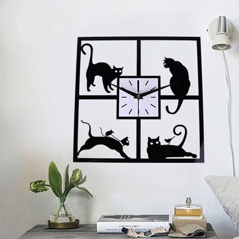 Amosfun Square Kitten Wall Clock Silent Analog Cat Clock with Night Light Battery Operated Cute Animal Wall Decor for Bedroom Study Room in Saudi Arabia