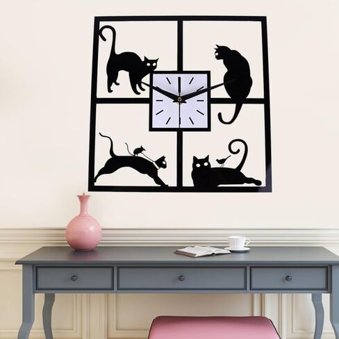 Amosfun Square Kitten Wall Clock Silent Analog Cat Clock with Night Light Battery Operated Cute Animal Wall Decor for Bedroom Study Room in Saudi Arabia