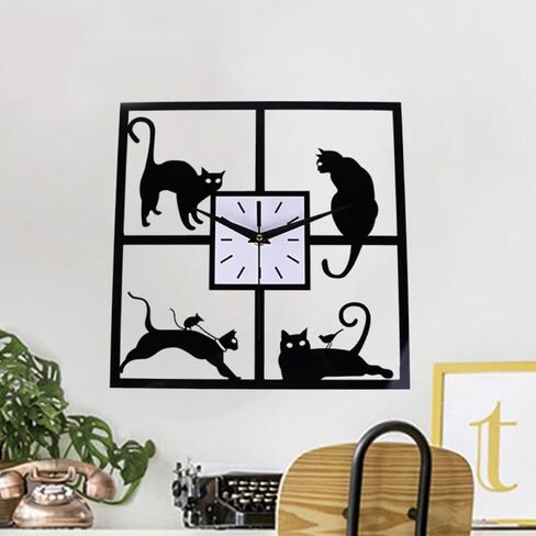 Amosfun Square Kitten Wall Clock Silent Analog Cat Clock with Night Light Battery Operated Cute Animal Wall Decor for Bedroom Study Room in Saudi Arabia