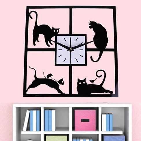 Amosfun Square Kitten Wall Clock Silent Analog Cat Clock with Night Light Battery Operated Cute Animal Wall Decor for Bedroom Study Room in Saudi Arabia