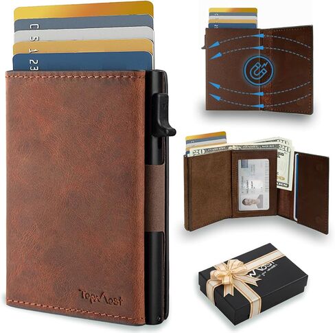 أعلى محفظة منبوذة من الجلد الأصلي للرجال ، حامل بطاقة الائتمان ، محافظ RFID حظر التلال للرجال مع نافذة الهوية ، سعة ضئيلة ، الحد الأدنى ، 5-9 بطاقة نقدية وفتحة نقدية ، براون in Kuwait