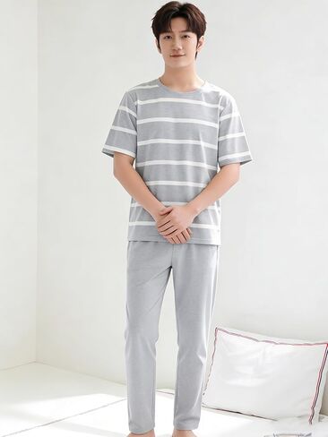 Gray White Striped Mens Pajama Sets, Short Sleeve Pjs Set Gray Pants Pajama Pants Mens, Soft Pijamas Para Hombres in Saudi Arabia