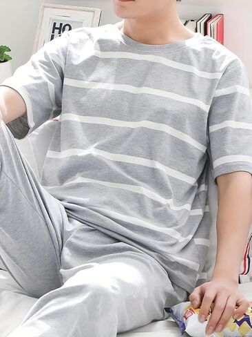 Gray White Striped Mens Pajama Sets, Short Sleeve Pjs Set Gray Pants Pajama Pants Mens, Soft Pijamas Para Hombres in Saudi Arabia