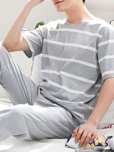 Gray White Striped Mens Pajama Sets, Short Sleeve Pjs Set Gray Pants Pajama Pants Mens, Soft Pijamas Para Hombres in Saudi Arabia