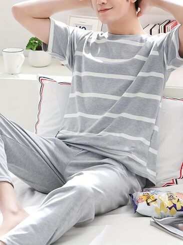 Gray White Striped Mens Pajama Sets, Short Sleeve Pjs Set Gray Pants Pajama Pants Mens, Soft Pijamas Para Hombres in Saudi Arabia