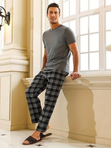 Heather Gray Men's Pajama Sets, Short Sleeve Pjs Set Gray Plaid Pants, Soft Pijamas Para Hombres in Saudi Arabia