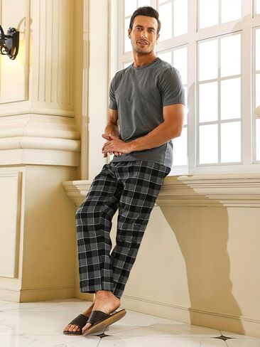 Heather Gray Men's Pajama Sets, Short Sleeve Pjs Set Gray Plaid Pants, Soft Pijamas Para Hombres in Saudi Arabia