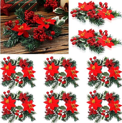 Yilloog 8 Sets Mini Christmas Candle Rings Wreaths Berry Pinecone Red Poinsettia Wreaths Rings Xmas Mini Candle Holders for Christmas Wedding Table Centerpiece Decor (Classic) in Saudi Arabia