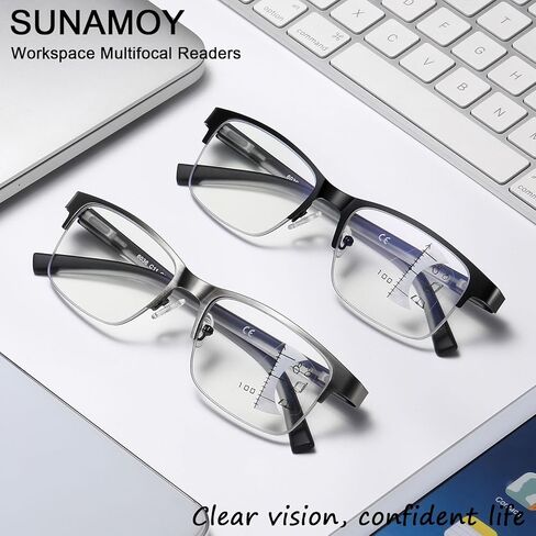 SUNAMOY الرجال التقدمية متعددة التركيز نظارات للقراءة لا خط ثنائي البؤرة الانتقال الضوء الأزرق الكمبيوتر القراء متعدد البؤر in Saudi Arabia