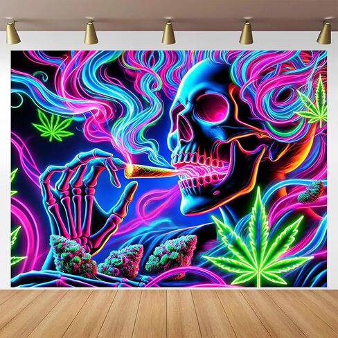 BlissYard Blacklight Tapestry 78x59 Inch Trippy Skeleton Smoking Wall Hanging Neon Weed Skull Tapestry Glow in the Dark UV Reactive Poster for Bedroom Dorm Party Decor Psychedelic Smoke Wall Art in Saudi Arabia