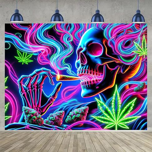 BlissYard Blacklight Tapestry 78x59 Inch Trippy Skeleton Smoking Wall Hanging Neon Weed Skull Tapestry Glow in the Dark UV Reactive Poster for Bedroom Dorm Party Decor Psychedelic Smoke Wall Art in Saudi Arabia