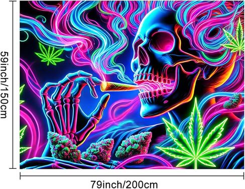 BlissYard Blacklight Tapestry 78x59 Inch Trippy Skeleton Smoking Wall Hanging Neon Weed Skull Tapestry Glow in the Dark UV Reactive Poster for Bedroom Dorm Party Decor Psychedelic Smoke Wall Art in Saudi Arabia
