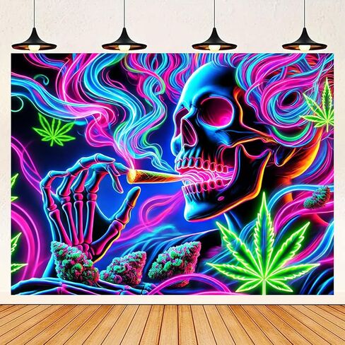 BlissYard Blacklight Tapestry 78x59 Inch Trippy Skeleton Smoking Wall Hanging Neon Weed Skull Tapestry Glow in the Dark UV Reactive Poster for Bedroom Dorm Party Decor Psychedelic Smoke Wall Art in Saudi Arabia