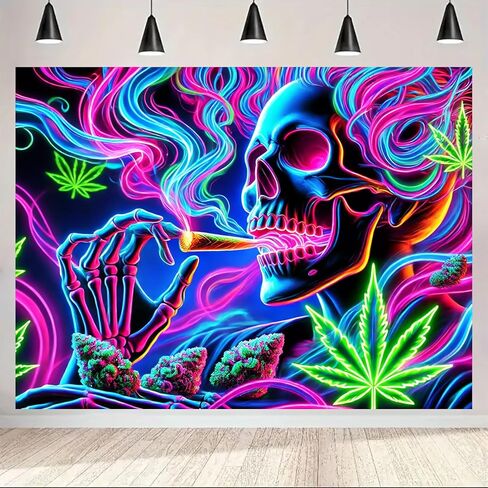 BlissYard Blacklight Tapestry 78x59 Inch Trippy Skeleton Smoking Wall Hanging Neon Weed Skull Tapestry Glow in the Dark UV Reactive Poster for Bedroom Dorm Party Decor Psychedelic Smoke Wall Art in Saudi Arabia