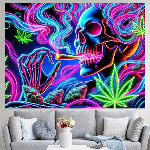 BlissYard Blacklight Tapestry 78x59 Inch Trippy Skeleton Smoking Wall Hanging Neon Weed Skull Tapestry Glow in the Dark UV Reactive Poster for Bedroom Dorm Party Decor Psychedelic Smoke Wall Art in Saudi Arabia