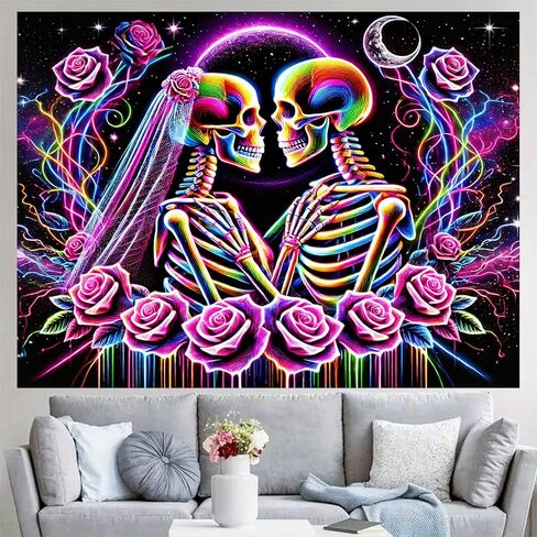 BlissYard Blacklight Tapestry 78x59 Inch Trippy Skeleton Smoking Wall Hanging Neon Weed Skull Tapestry Glow in the Dark UV Reactive Poster for Bedroom Dorm Party Decor Psychedelic Smoke Wall Art in Saudi Arabia