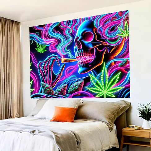 BlissYard Blacklight Tapestry 78x59 Inch Trippy Skeleton Smoking Wall Hanging Neon Weed Skull Tapestry Glow in the Dark UV Reactive Poster for Bedroom Dorm Party Decor Psychedelic Smoke Wall Art in Saudi Arabia